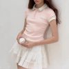 Sunset Park Pink, blue and gray spliced ​​fake two-piece rhinestone collar short-sleeved stretch-shirt top
